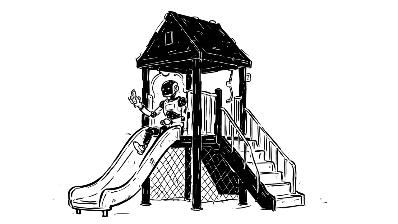 A robot inside a fenced playground cage, boxed in on all sides
