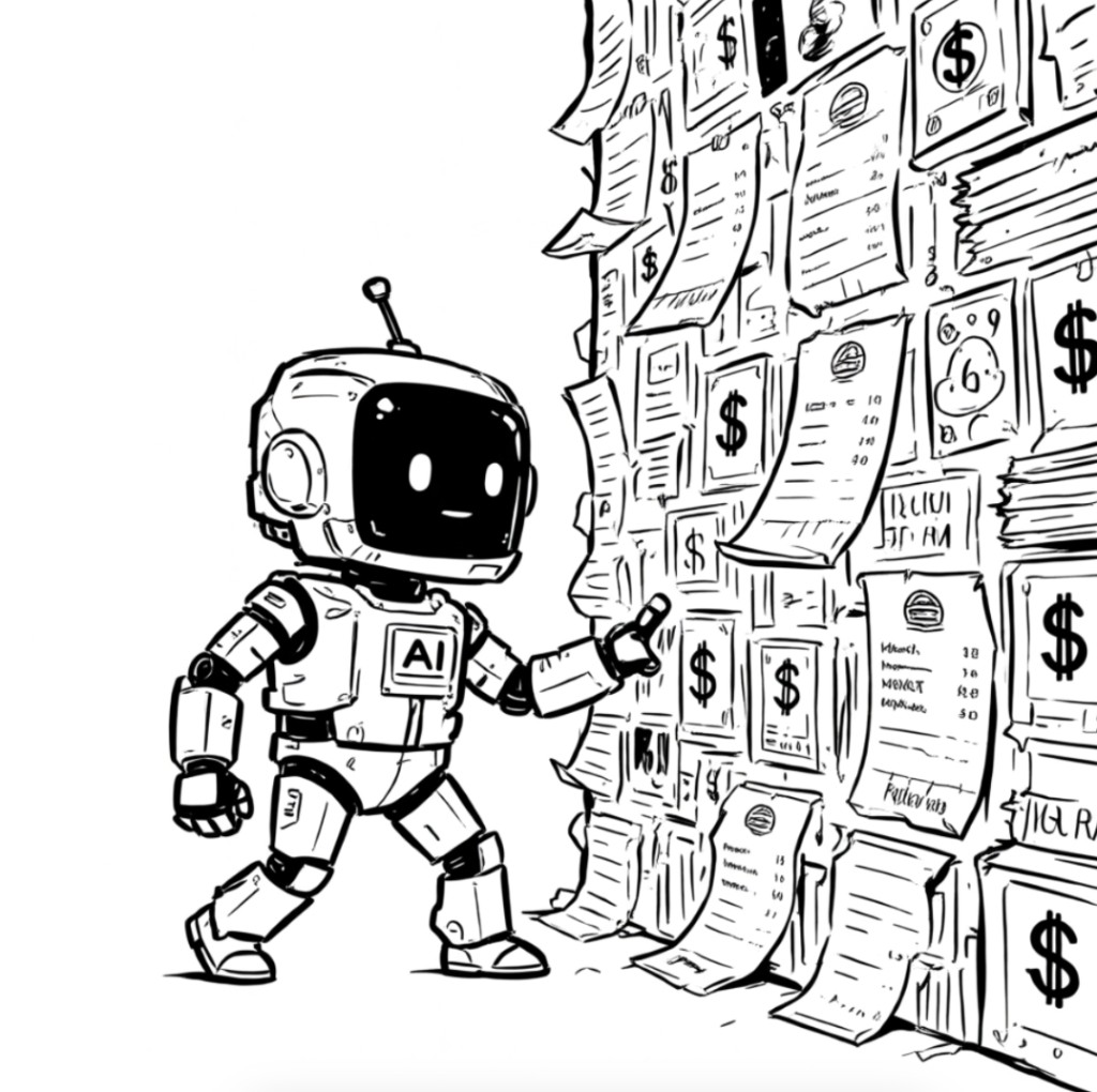 A small AI robot stops in front of a wall built from stacked invoices and dollar-sign receipts